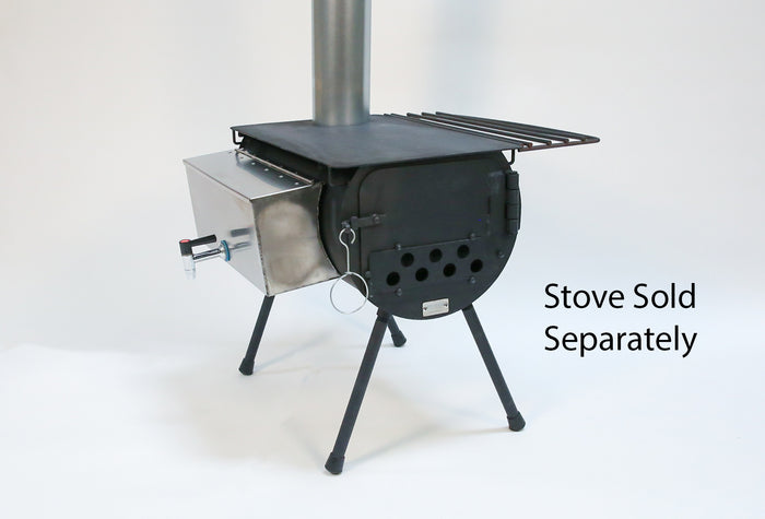 Portable outdoor stove accessory, black steel, with adjustable metal shelf and chimney pipe, stove sold separately.
