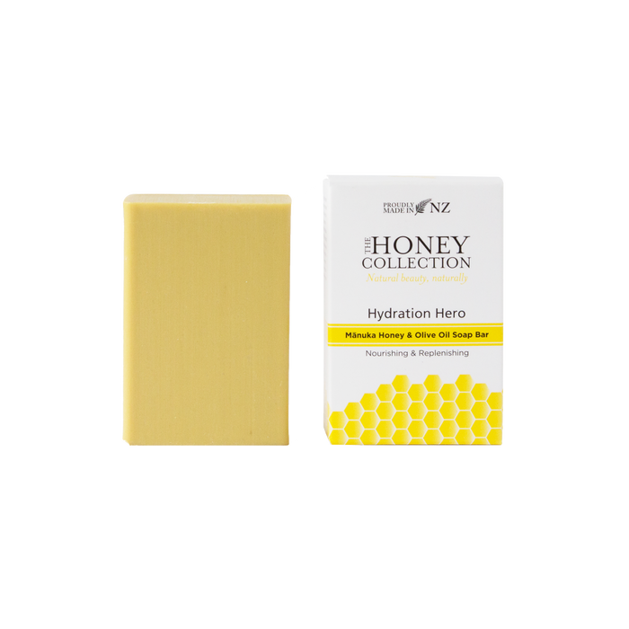 Bar of The Honey Collection Hydration Hero soap with Manuka honey and olive oil for nourishing skin.
