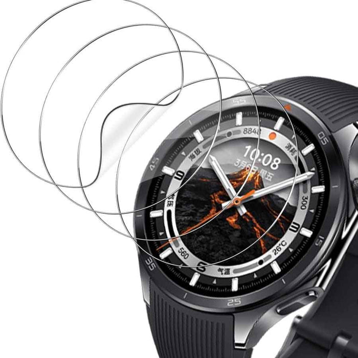 Six hydrogel screen protectors for OnePlus Watch 4, transparent watch case covers, designed to protect the smartwatch screen.