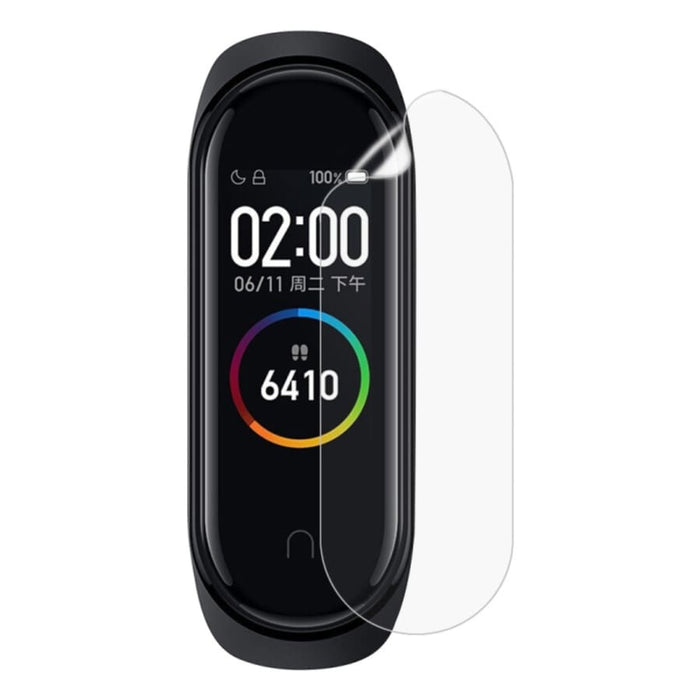 Hydrogel screen protector for Xiaomi Mi Smart Band 4, pack of 6, to safeguard the watch display from scratches and damage.