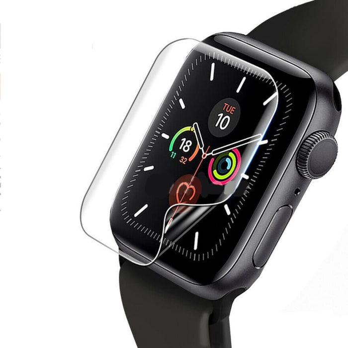 Hydrogel screen protectors for Apple Watch Series SE 2nd gen 40mm, pack of 6, from That Watch Shop, showing clear protectors on watch face.