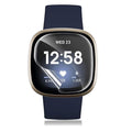 Hydrogel screen protectors for Fitbit Versa 3, pack of 6, showing transparent protectors fitting over watch screens for protection.