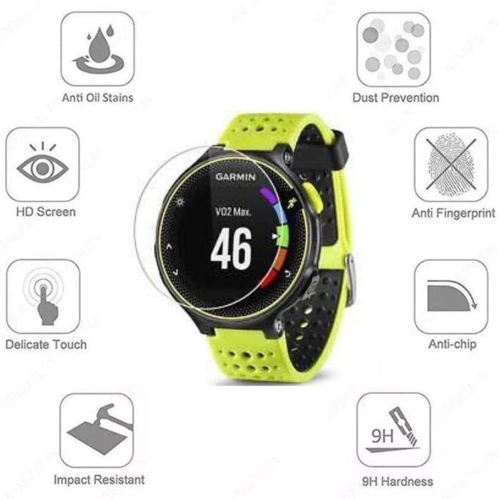 Hydrogel screen protectors for Garmin Forerunner 230, pack of 6, showing clear, flexible watch screen protector fitted on the watch face.