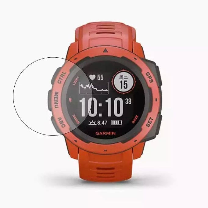 Hydrogel screen protectors for Garmin Instinct 2S Series watch, pack of 6, shown on a Garmin smartwatch with orange accents.