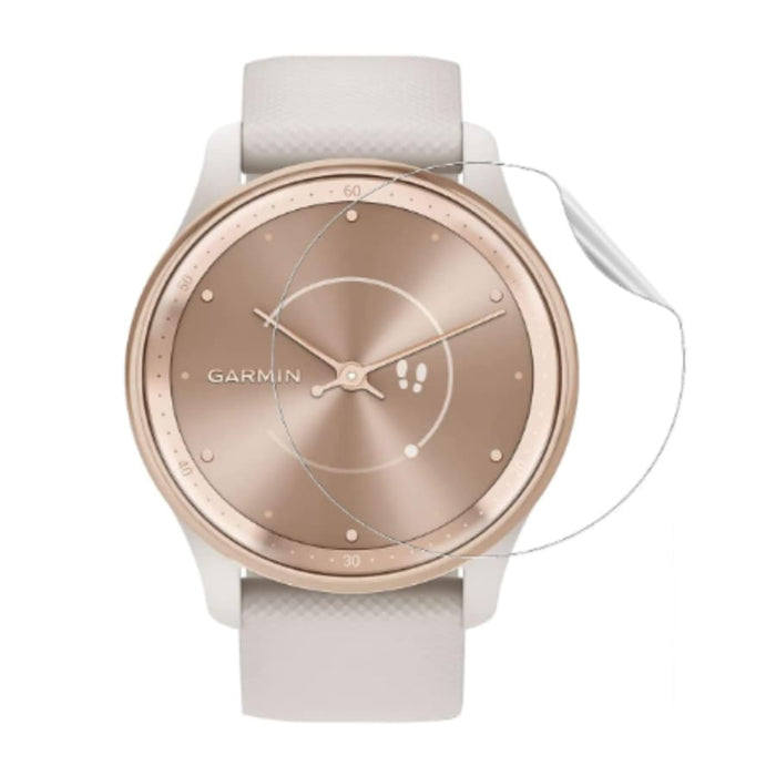 Hydrogel screen protectors for Garmin Vivomove Trend watch, pack of 6, showcasing rose gold protectors on the watch face.