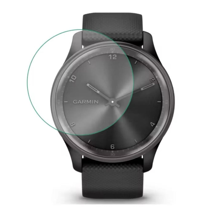 Pack of two gray hydrogel screen protectors for Garmin Vivomove Trend smartwatch by That Watch Shop, showing the protectors on a watch face.