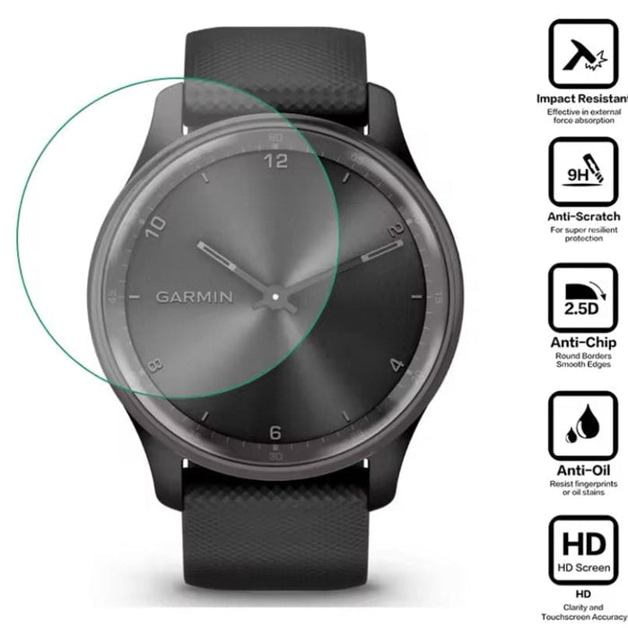 Black hydrogel screen protectors for Garmin Vivomove Trend smartwatch, pack of 2, designed to shield the watch display from scratches.