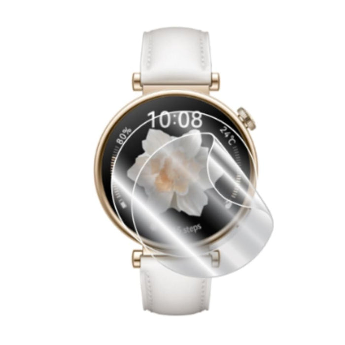 Hydrogel screen protectors for Huawei GT4 41mm smartwatch, pack of 6, showing clear, flexible protectors on watch screen.