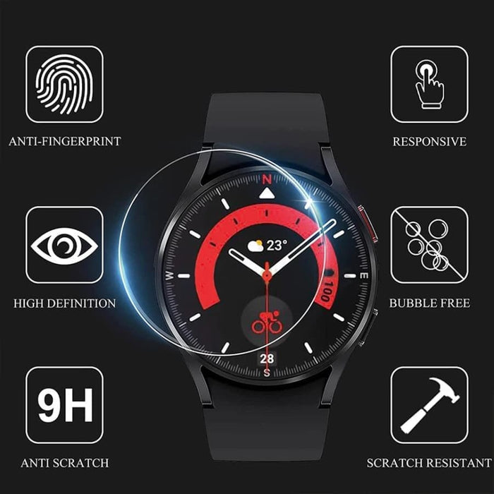 Hydrogel screen protectors for Samsung Galaxy Watch 5 Pro 45mm, pack of 6, showing the flexible, clear protectors on the watch face.