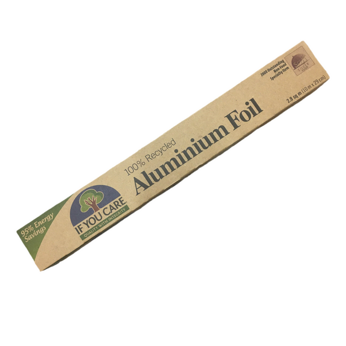 Recycled aluminium foil packaging with 'If You Care' branding on a white background