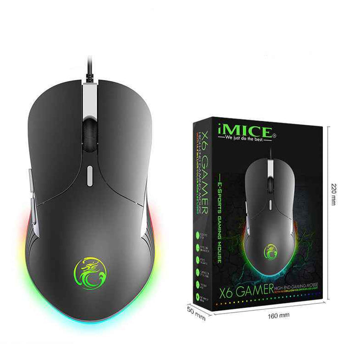 IMICE X6 wired RGB gaming mouse with 6 buttons, ergonomic design, and customizable lighting for PC gaming from Mead's Supply & Equipment.