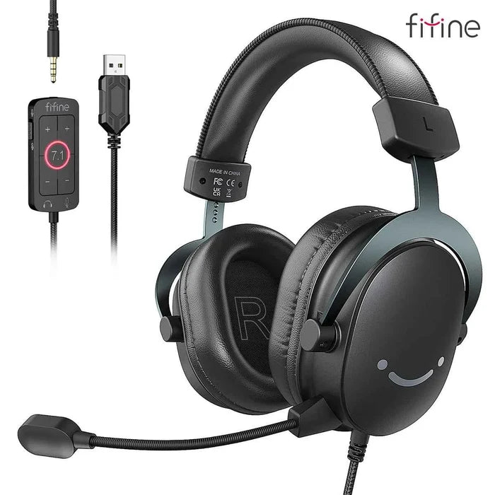 FIFINE gaming headset with 7.1 surround sound, over-ear design, adjustable headband, and built-in microphone for immersive gaming.