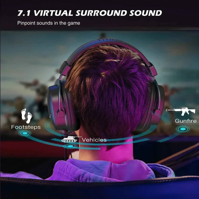 FIFINE gaming headset with 7.1 surround sound, over-ear design, black and red accents, adjustable headband and built-in microphone