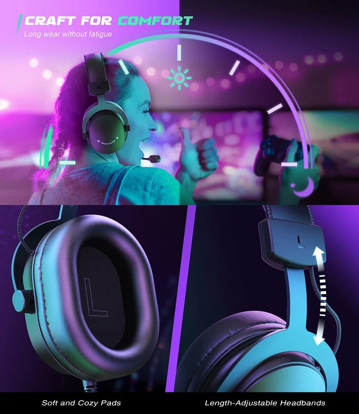 FIFINE gaming headset with 7.1 surround sound, black design, over-ear cups, microphone, and adjustable headband for immersive gaming.