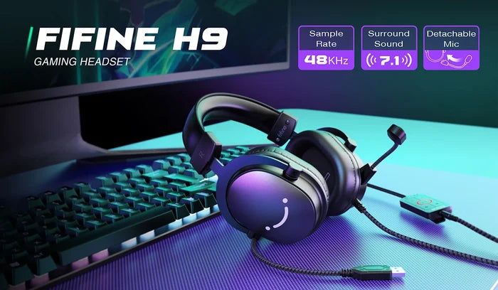 FIFINE gaming headset with 7.1 surround sound, over-ear design, adjustable headband, and built-in microphone for immersive gaming.
