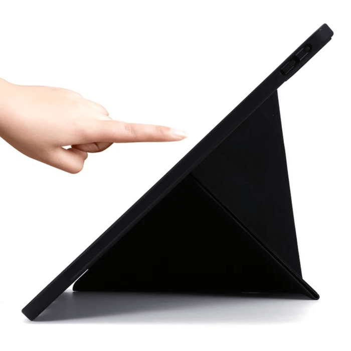 TechPlus iPad 9.7 Pro ultra-slim smart case with tri-fold design and protective cover, shown on a tablet screen.