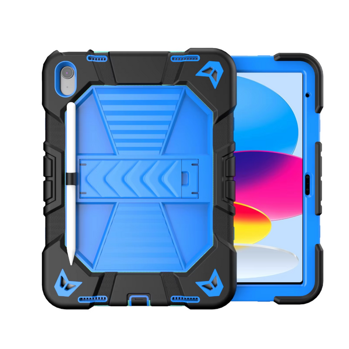 Blue TechPlus iPad Air 4th Gen rugged shockproof case with kickstand, designed for 10.9-inch tablet protection.