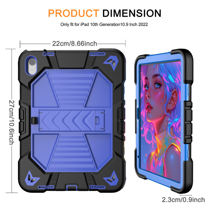 Blue TechPlus rugged shockproof case with kickstand on an iPad Air 5th Generation, showing the protective design and textured surface.