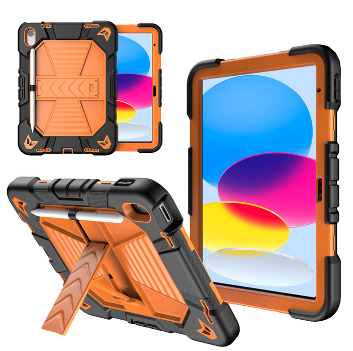TechPlus orange rugged shockproof case with kickstand for iPad Air 5th generation, 10.9-inch tablet, showing textured exterior and stand feature.
