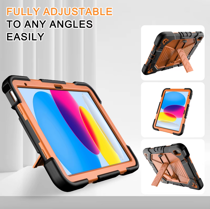 Orange TechPlus iPad Air 5th Gen rugged shockproof case with kickstand, designed for 10.9-inch tablet protection and durability.