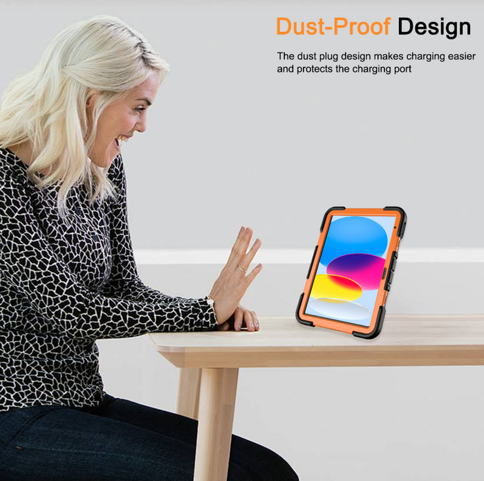 Orange TechPlus rugged shockproof case with kickstand for iPad Air 5th Generation, showing protective design and built-in stand.