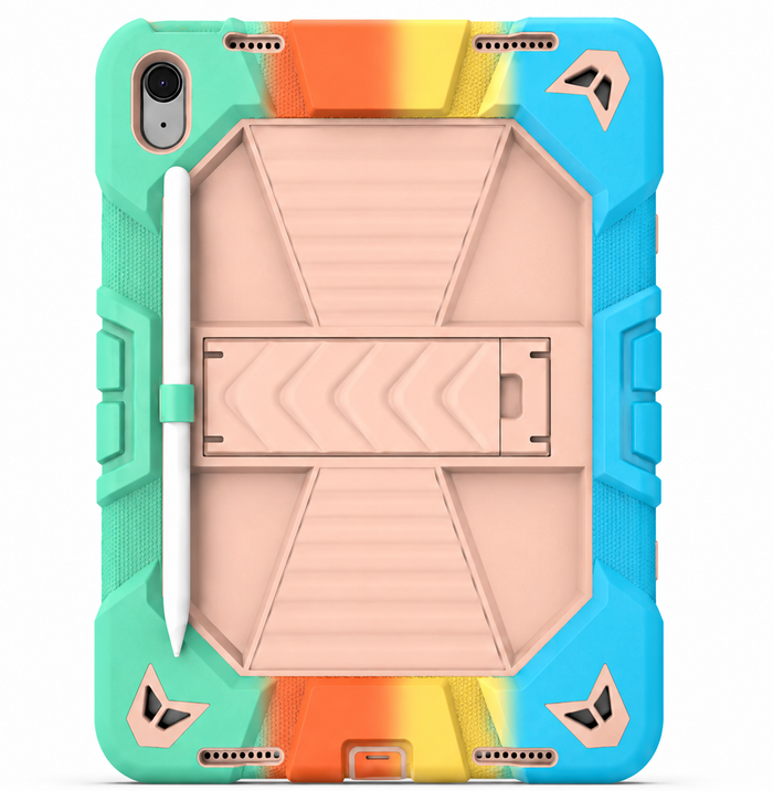 Techplus iPad Air 5th Gen rugged shockproof tablet case with rainbow design and built-in kickstand, offering durable protection.