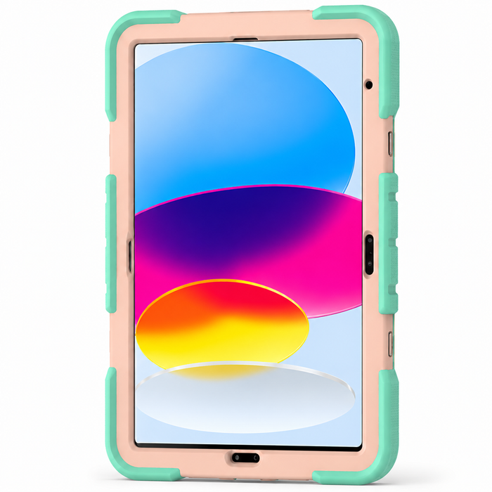 Techplus iPad Air 5th Gen rugged shockproof tablet case with rainbow design and built-in kickstand, protects and supports the device.