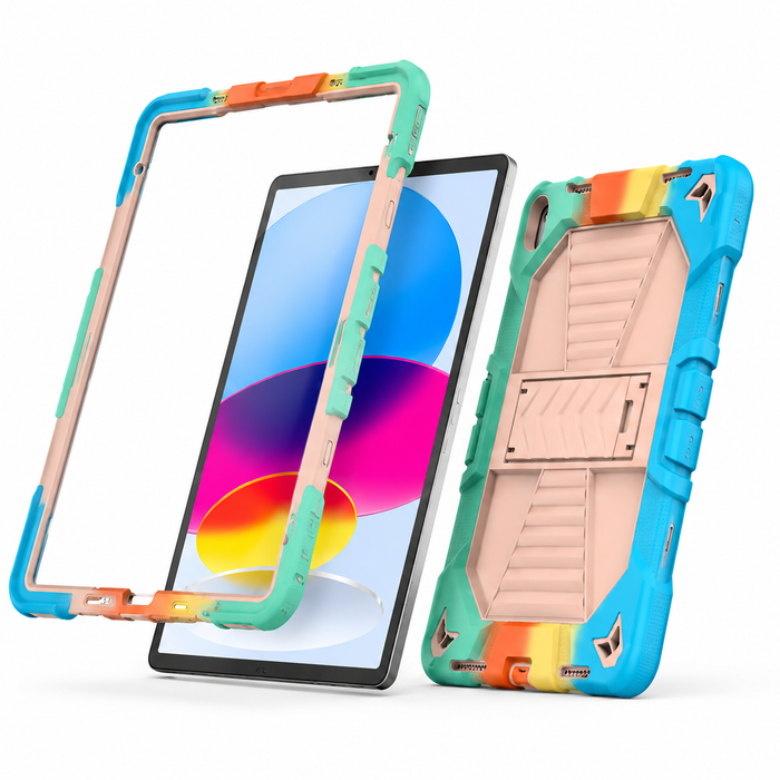 Techplus iPad Air 5th Gen rugged shockproof tablet case with rainbow design and kickstand, offering durable protection.