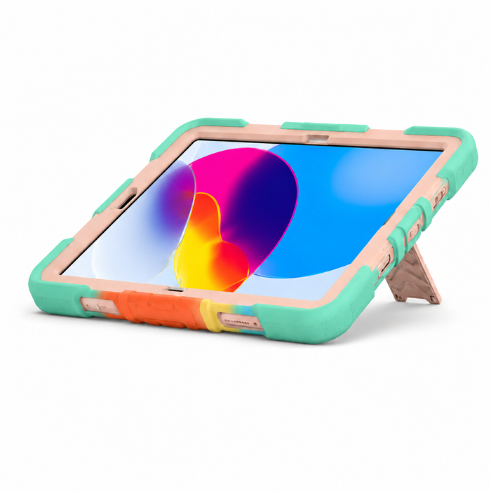 Techplus iPad Air 5th Gen rugged shockproof tablet case with rainbow design and kickstand, protecting the 10.9-inch iPad Air 5.