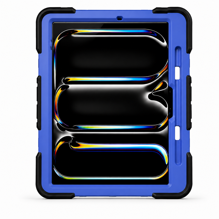 Blue TechPlus rugged shockproof case with kickstand for iPad Pro 11-inch (M4) 2024 7th Gen, showing the protective design.