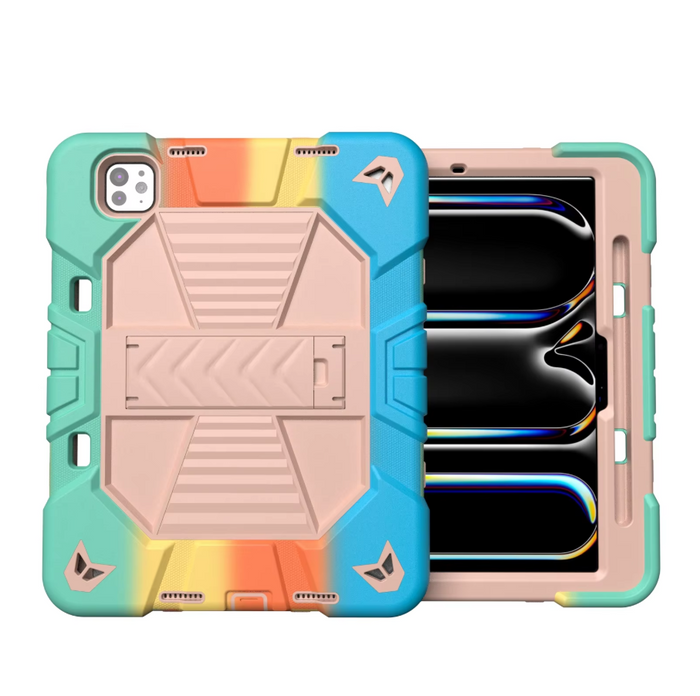 Techplus rainbow rugged shockproof case for iPad Pro 11-inch M4 2024 with kickstand, showing the colorful protective cover.
