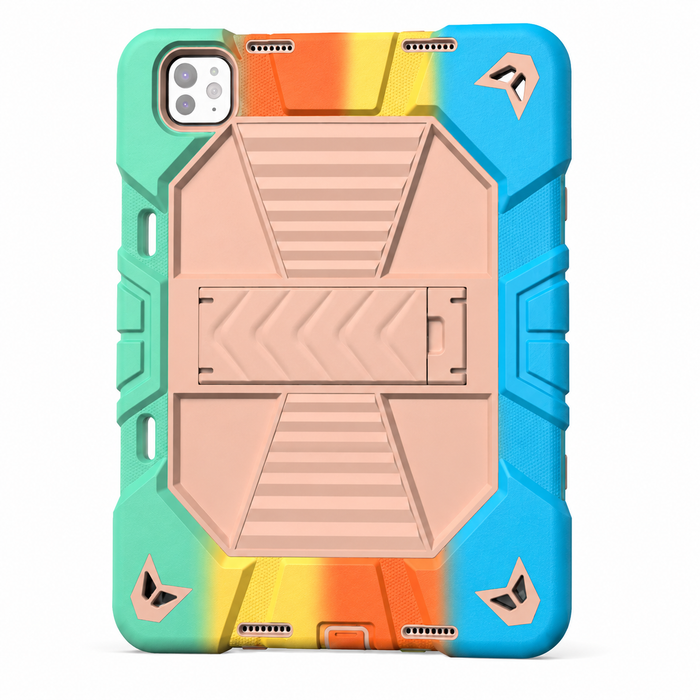 Techplus rainbow rugged shockproof case for iPad Pro 11-inch (M4) 2024, with built-in kickstand, shows colorful protective design.