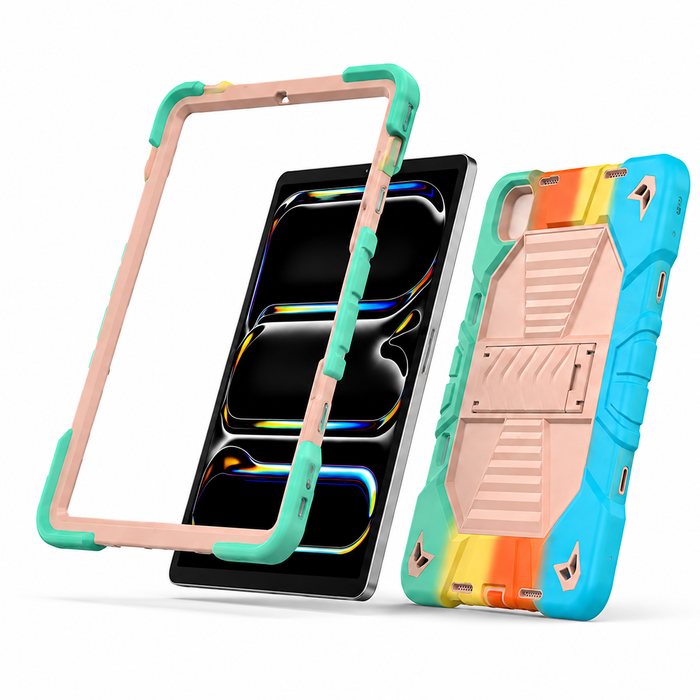 Techplus rainbow rugged shockproof case for iPad Pro 11-inch (M4) 2024 7th Gen with kickstand, showing vibrant rainbow design and sturdy build.