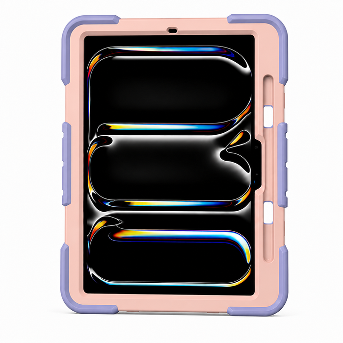 Pink TechPlus iPad Pro 11-inch (M5) 2025 rugged shockproof case with kickstand, showing the protective cover on the tablet.