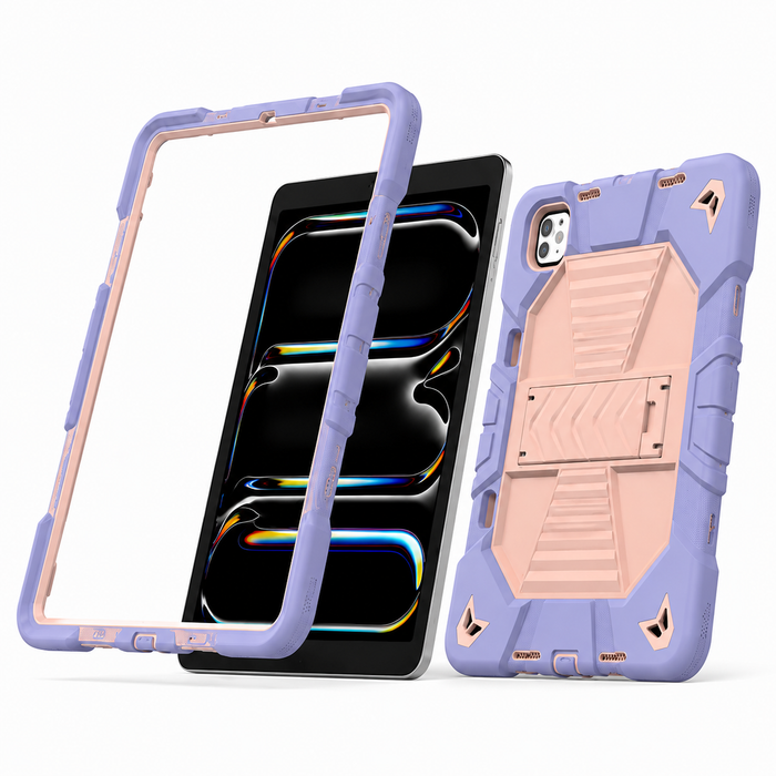 Pink rugged shockproof case with kickstand for iPad Pro 11-inch (M5) 2025, showing textured exterior and built-in stand.