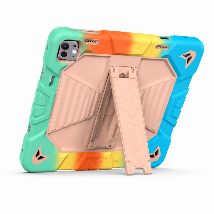 Techplus iPad Pro 11-Inch (M5) 2025 rugged shockproof case with rainbow design and built-in kickstand for protection and style.