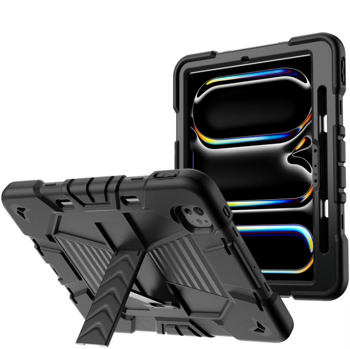 Black rugged shockproof case with kickstand for iPad Pro 13-Inch (M4) 2024 by techplus, showing front view with textured surface.