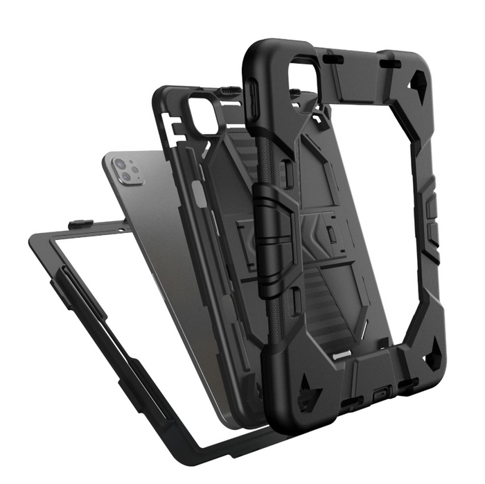 Black TechPlus iPad Pro 13-Inch (M4) 2024 rugged shockproof case with precise cutouts and built-in kickstand.