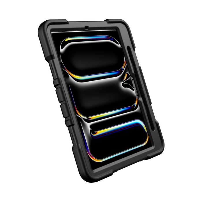 Black rugged shockproof case with kickstand for iPad Pro 13-inch (M4) 2024, providing corner protection and durability.
