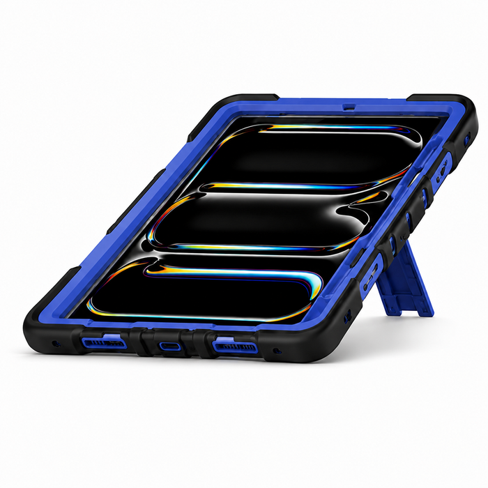 Blue TechPlus rugged shockproof case with kickstand for iPad Pro 13-Inch (M4) 2024, showing textured protective design.