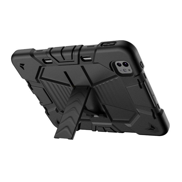 Black TechPlus rugged shockproof case with kickstand for 13-inch iPad Pro 2025, offering durable protection and adjustable stand.