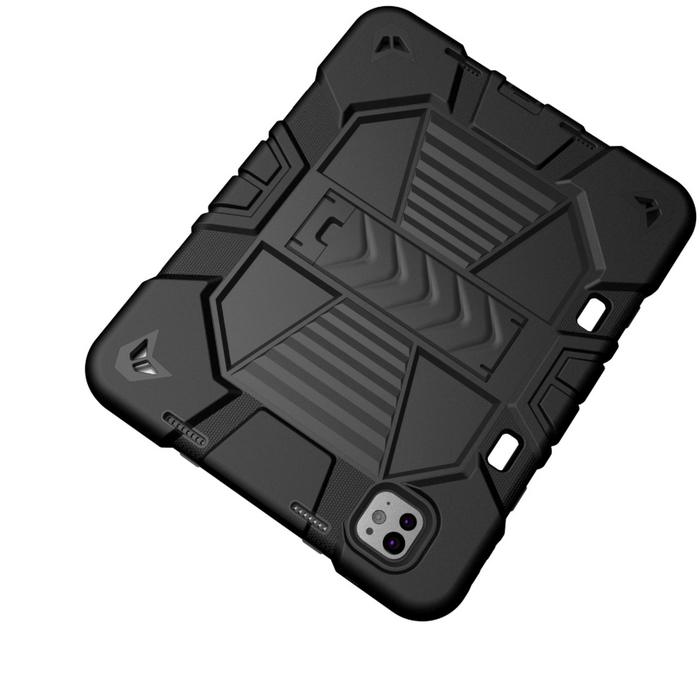 Black TechPlus rugged shockproof case with kickstand for iPad Pro 13-inch (M5) 2025, shown from side view.
