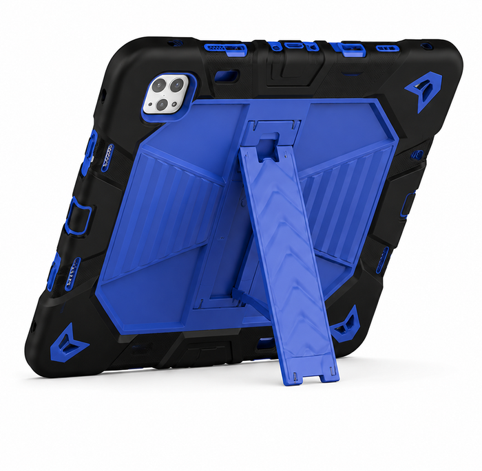 Blue rugged shockproof case for 13-inch iPad Pro with kickstand by techplus, showing the textured exterior and open kickstand.