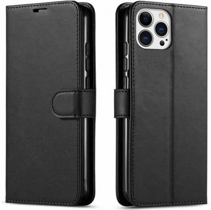 Black iPhone 12 Pro Max flip leather wallet case by techplus, showing front view with card slots and secure phone holder.