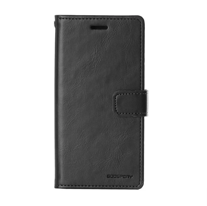 Black iPhone 12 Pro Max flip PU leather wallet case with card slots by TechPlus, showcasing front view with open flip cover.