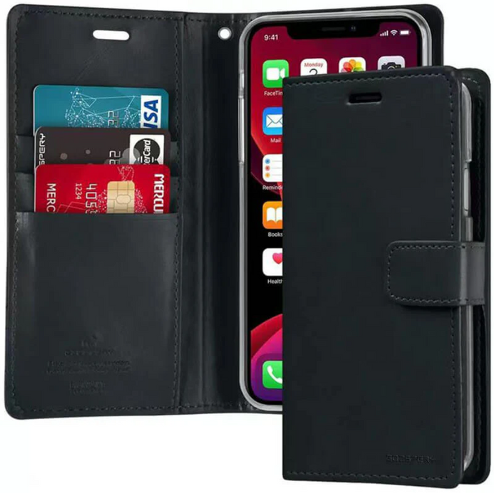 Black iPhone 12 Pro Max flip leather wallet case by techplus with card slots and cash pocket for mobile protection.