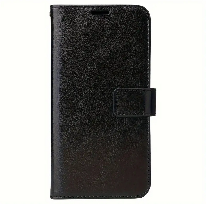 Black iPhone 12 Pro Max flip PU leather wallet case with kickstand from techplus, featuring card slots and protective design.