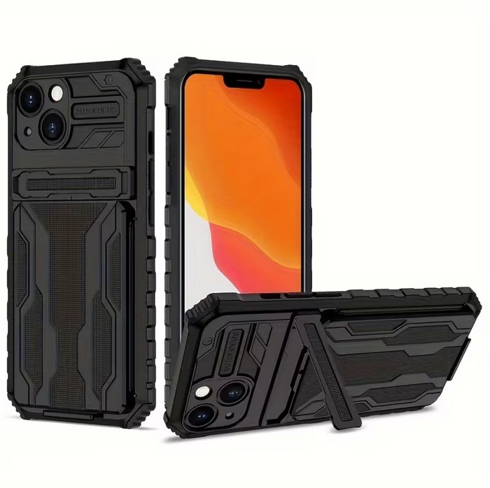 Black Techplus iPhone 15 heavy-duty shockproof case with built-in card holder and kickstand for secure protection and easy viewing.
