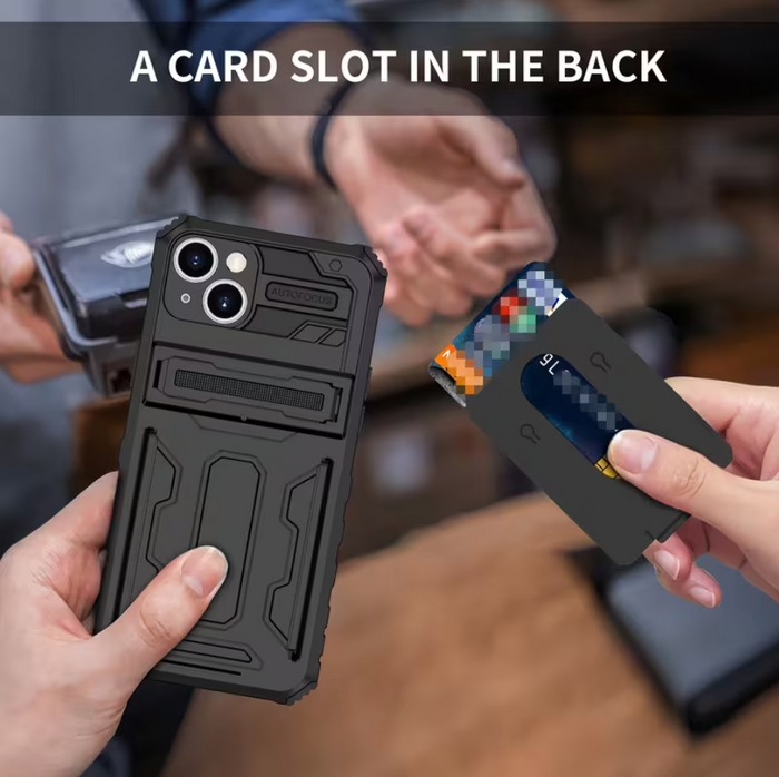 Black TechPlus iPhone 15 heavy-duty shockproof case with card holder and kickstand, designed for durable mobile protection.