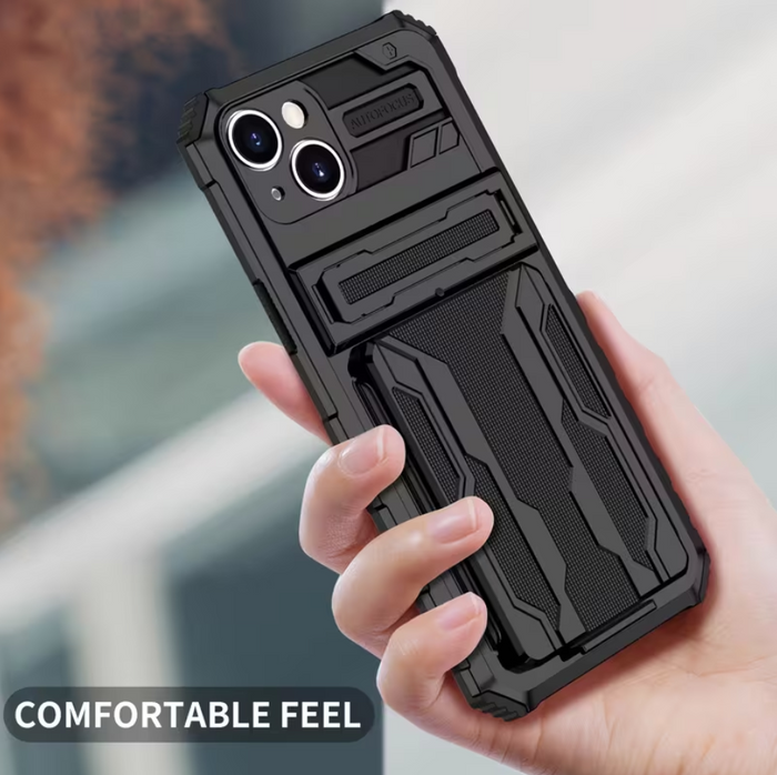 Black TechPlus iPhone 15 heavy-duty shockproof case with built-in card holder and kickstand for added protection and convenience.